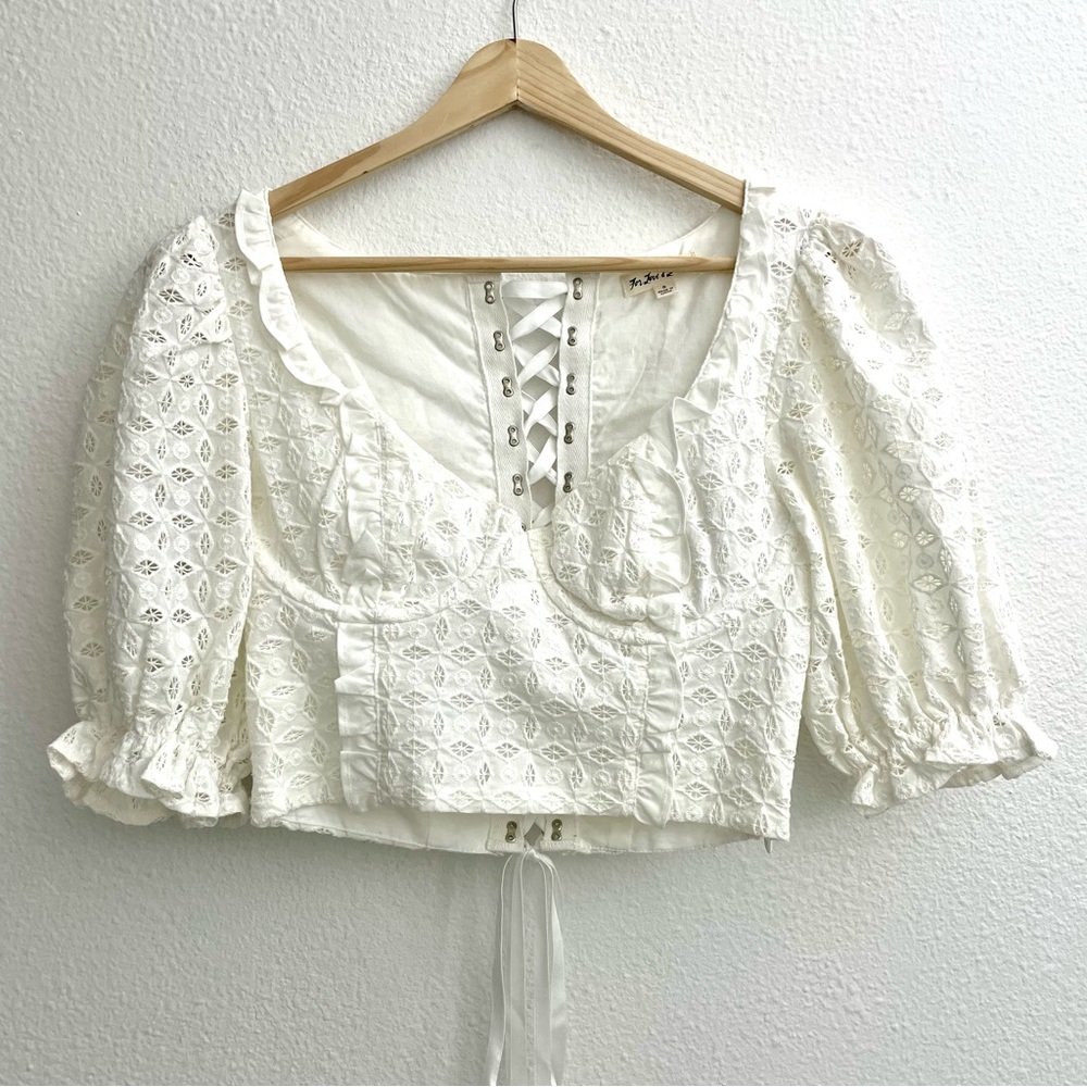 For Love & Lemons White Crop Puff Sleeve Corset Lace Eyelet Top Women’s Small